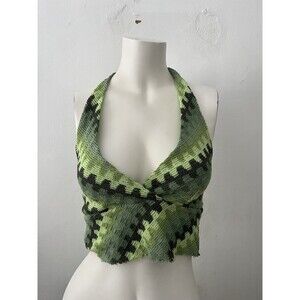 Womens Crochet Halter XS Top Green Chevron 70s Boho Festival Coachella Hippie